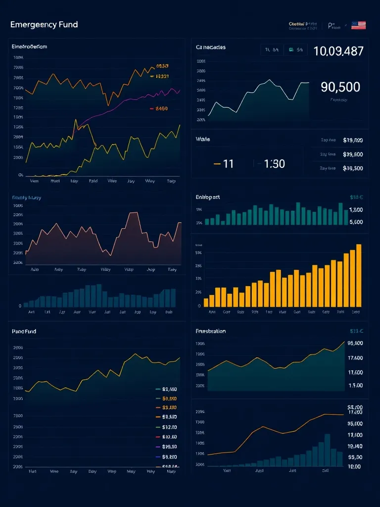 A complex financial dashboard with multiple line charts, bar