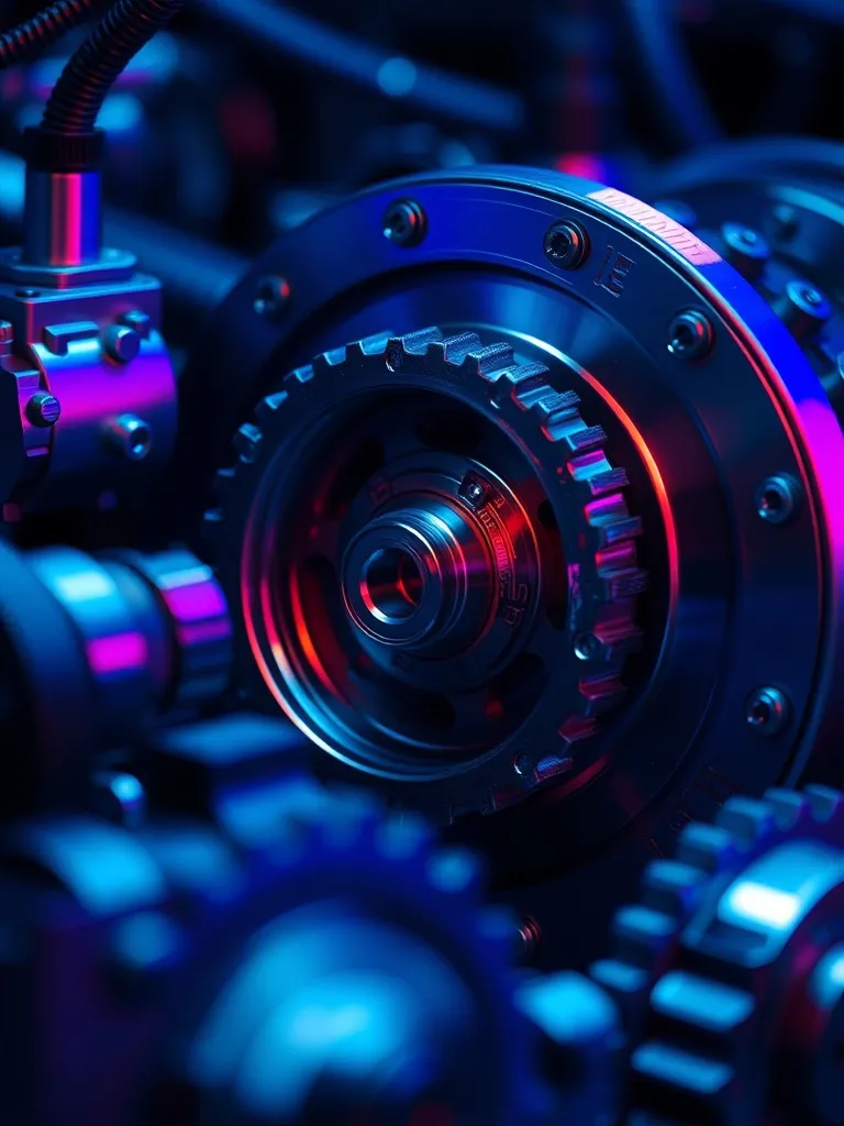 Industrial precision mechanical parts and gears in a dark bl