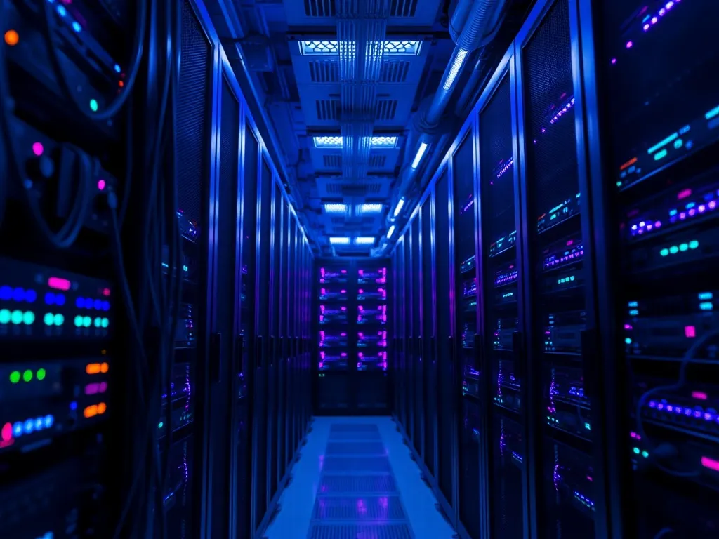 A high-tech industrial server room with blue and purple LED
